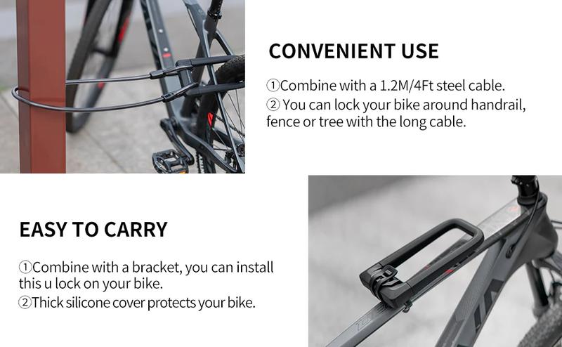 ROCKBROS Heavy Duty Anti Theft Bike U Lock with Cable Silicone Cover (Max 22.5MM + 1.2M/4Ft Steel Cable + Mounting Bracket) ROCKBROS Heavy Duty Anti Theft Bike U Lock with Cable Silicone Cover (Max 22.5MM + 1.2M/4Ft Steel Cable + Mounting Bracket)