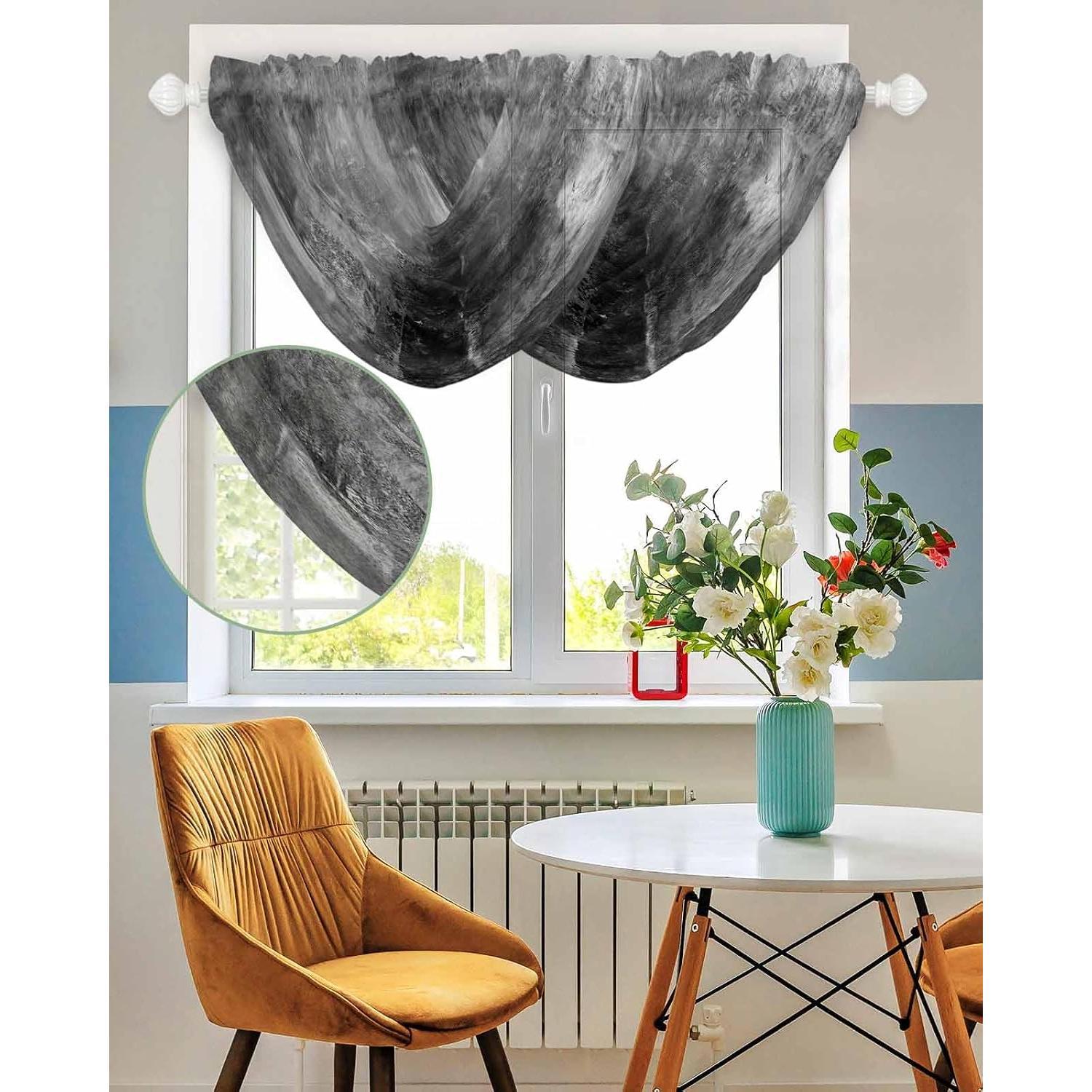 Rustic Black Waterfall Valance Curtains for Window, Retro Grey Ombre Sheer Valances Rod Pocket, Oil Modern Painting Voile Topper Swag Curtains for Living Room, Kitchen 38.5"W x .2"L, 2 Panel