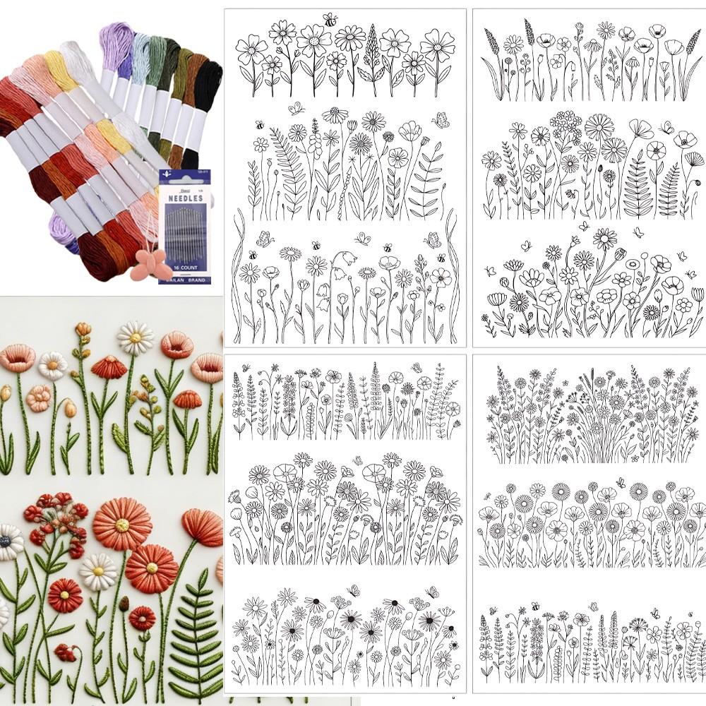 4 Sheets Preprinted Flower Embroidery Pattern Paper,Self-Adhesive Water Soluble Stabilizer Kit with Floral, Botanical & Alphabet Designs, Complete with Embroidery Floss & Needles for DIY Handmade Craft Supplies