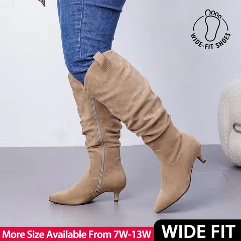 Women's Extra Wide Calf Knee High Boots - True Plus Size Kitten Heel Slouchy Faux Leather Boots, Durable TPR Outsole, Breathable Casual Comfort for Fall Winter