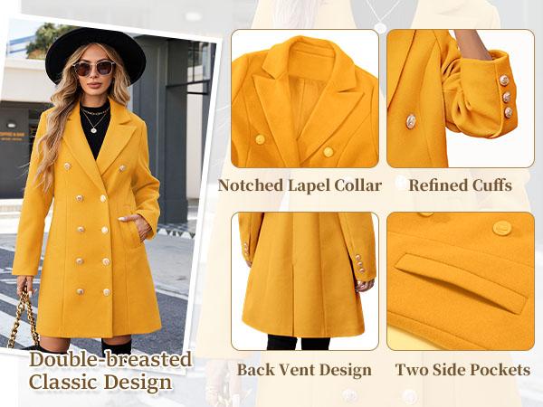 VXYGER Women's Winter Double Breasted Pea Coat Notched Lapel Midi Trench Coat Trendy Elegant Work & Casual Jacket in Camel Off-White Black Navy Yellow Sizes S-XXL Classic Design Warm Comfortable Fabric