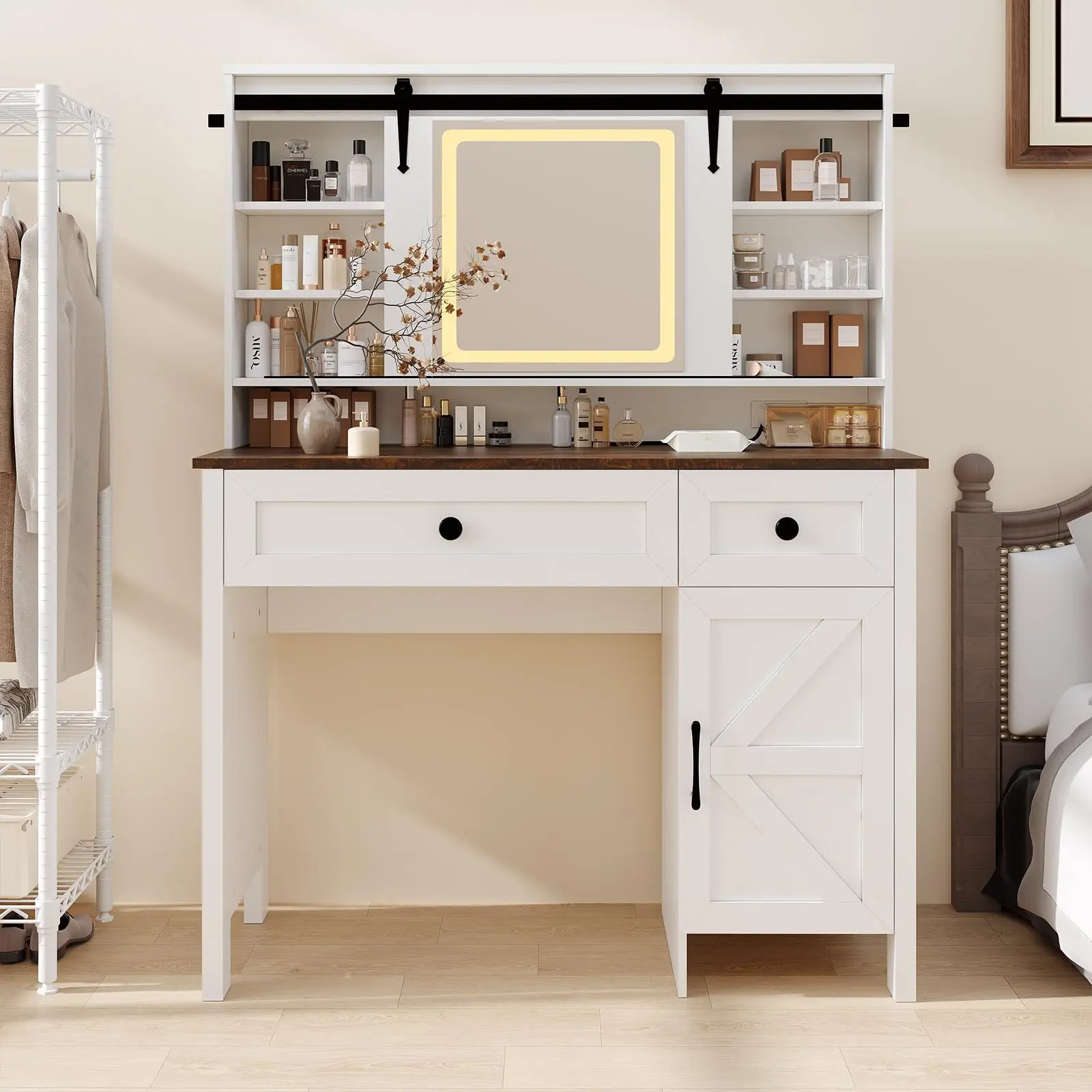 Modern Makeup Vanity Desk Set, LED Lighted Mirror with Charging Station, 3 Drawers, Storage Cabinet and Shelves, Comes with Matching Stool, Dressing Table for Women and Teen Girls