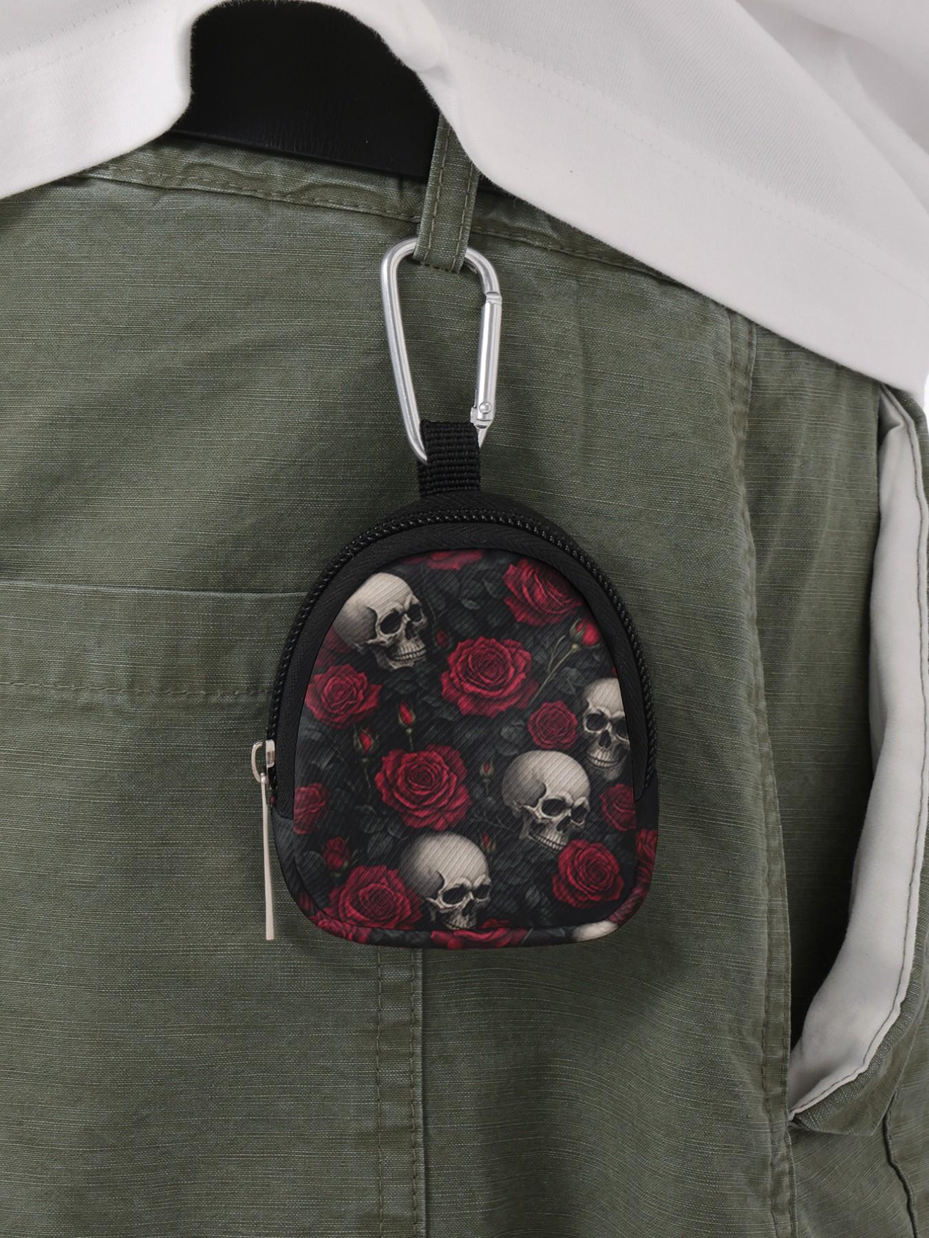 Rose Skull Pattern Mini Wallet, Lightweight Zipper Coin Purse with Hook Clip, Earphone Key Bag, Unisex Casual Style, All Seasons