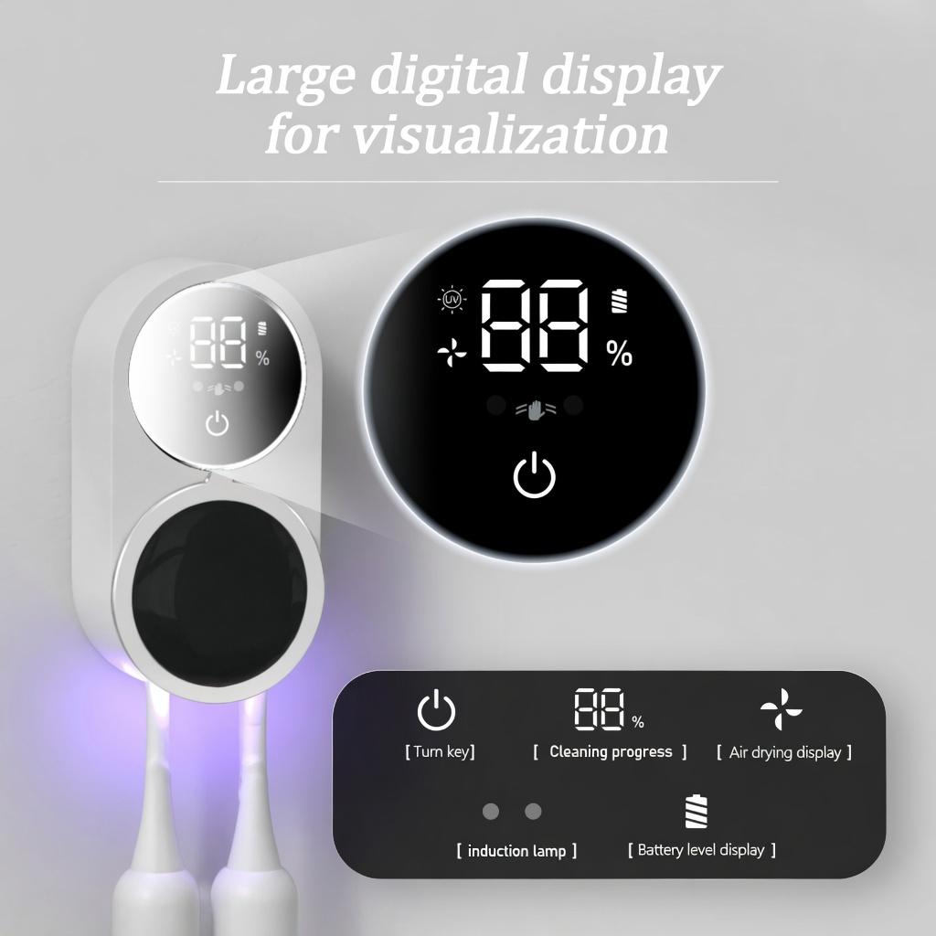 UV-C Light Sanitizing Wall-Mount Toothbrush Holder, Compact & Lightweight Durable ABS Bathroom Accessory with USB Charging Stand, Auto Sense, Rechargeable LED Screen, Automatic Dispenser, Portable for Travelers, Sanitizes Brushes