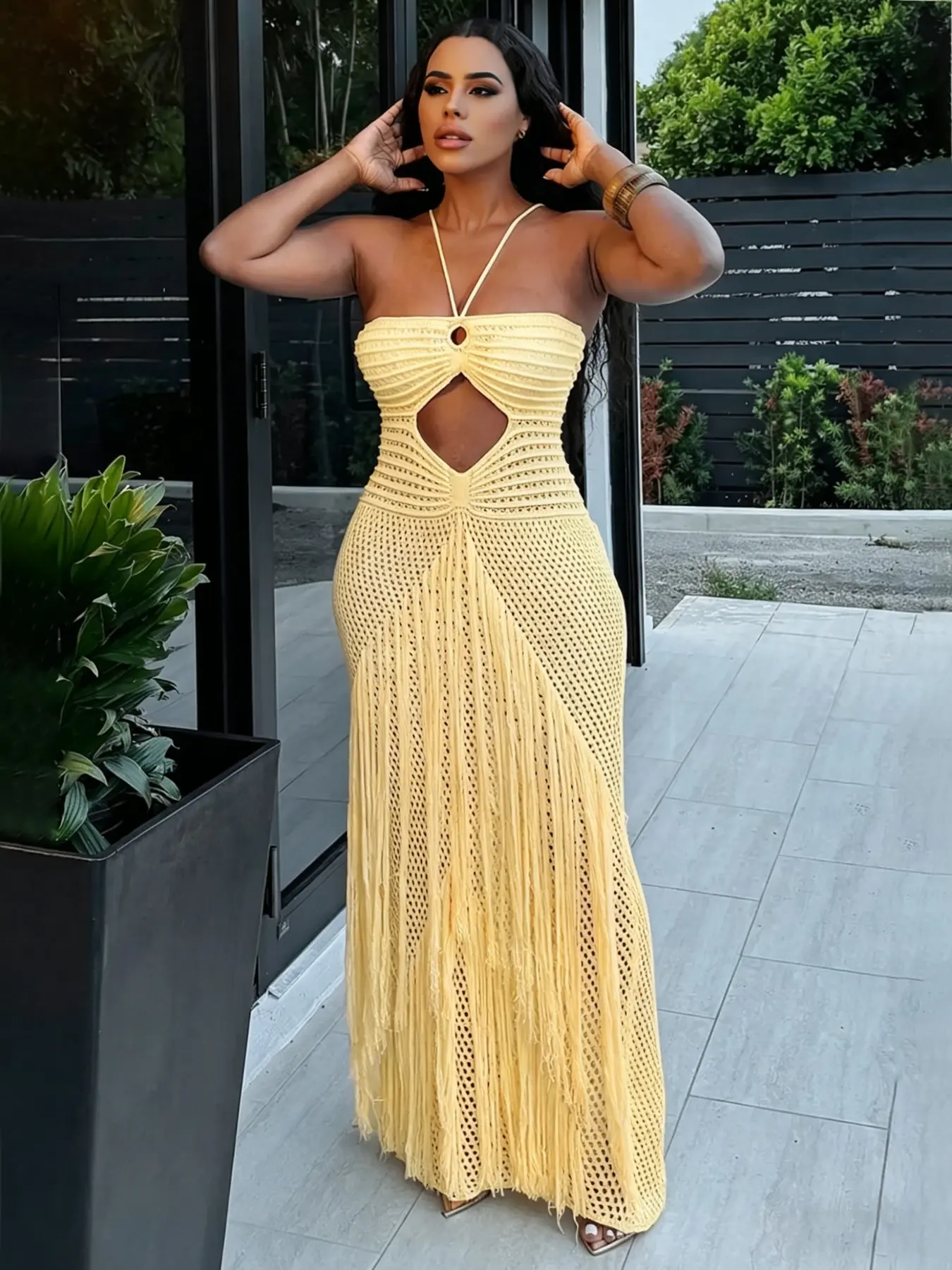 crochet fringe dress Night Fever + Maxi The Tile Crochet Halter Fringe Dress turns crochet into a true statement piece Women's Crochet Knit Breathable Maxi