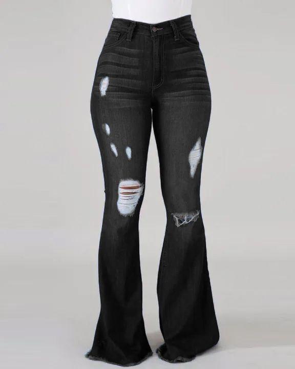 High-pop ripped jeans high-waisted sexy fashion floor-length flared pants