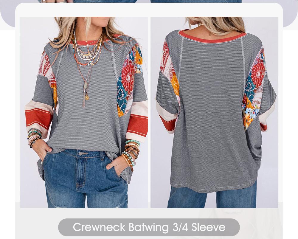 EVALESS Women's Oversized Graphic Print T Shirts Loose Fitted Crewneck 3/4 Batwing Sleeve Striped Patchwork Blouses 2026 Casual Summer Springtok Outfits