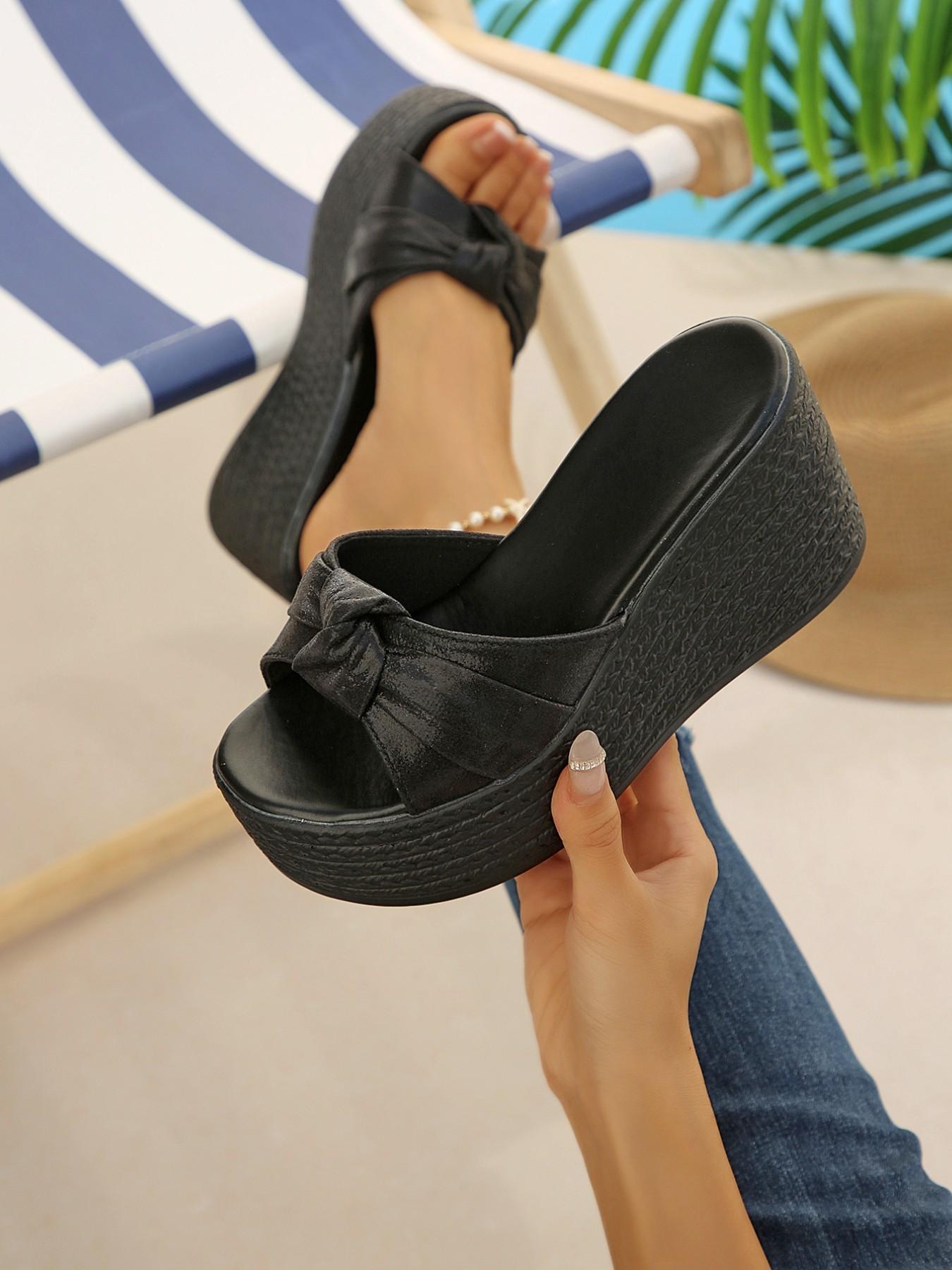 Rattan Wedge Sandals, Mimicking Rattan Texture Sole, Comfortable Walking, Simple Knot Design, Soft and Non-Restrictive, Versatile Style