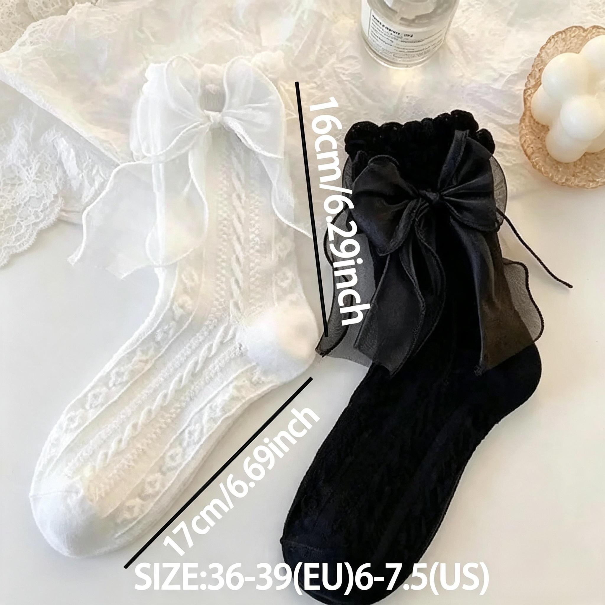 Women’s 6-Pair Coquette Lace Crew Socks - 3D Floral Cable Knit, Sheer Organza Bow, Lightweight Ruffled Breathable Knit Cotton-Blend Mid-Calf Hosiery, Elastic Vintage Streetwear Accessory for Gothic & Casual Outfits (Cold Hand Wash), Trend, Shorts