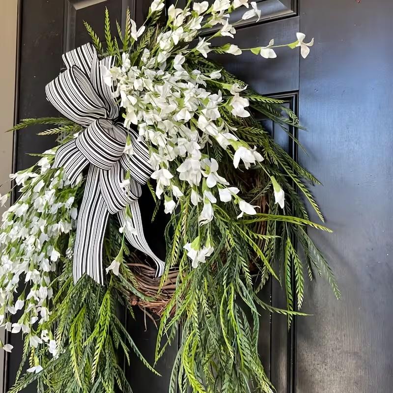 Spring Summer Front Door Decorative Wreath, Realistic Bell Flower Drip Tear Drop Door Knocker, Striped Bow, Plant Woven Wreath