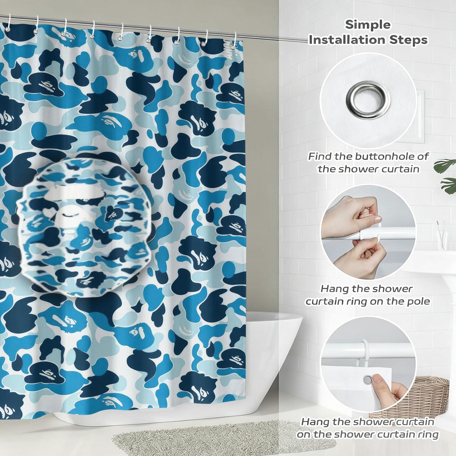 Waterproof Fabric Decorative Shower Curtain With Hooks, Featuring A Camouflage Ape Head Print. Made Of Waterproof And Mildew-Resistant Polyester/Peva, Suitable For Bathroom Decoration For Teenagers And Children. Machine Washable Bathroom Shower Curtains.