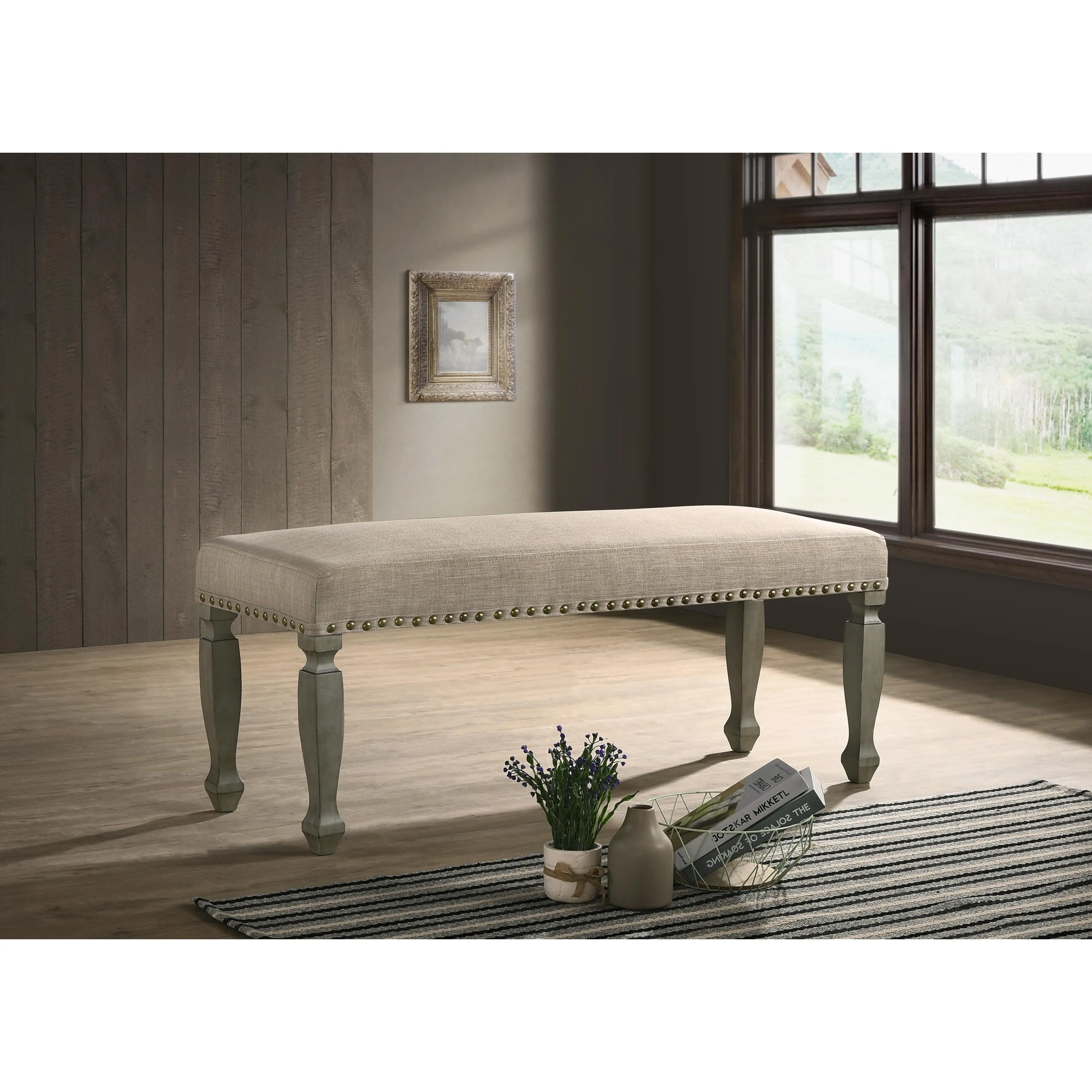 Upholstered Dining Bench with Nailhead Trim, Tan Polyester Cushion and Antique Gray Solid Wood Frame, 48.62 Inch