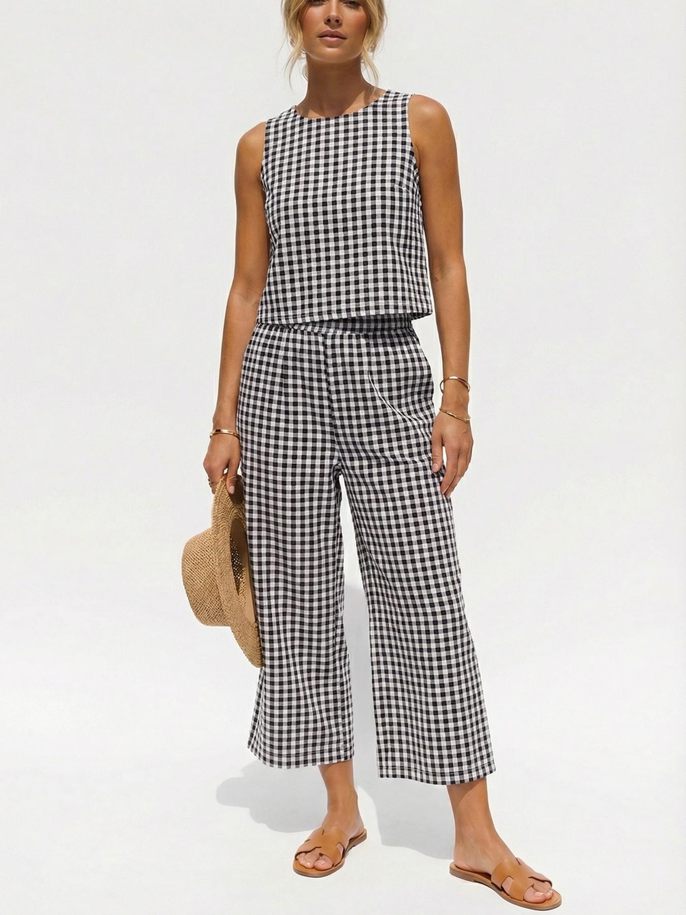 Women's Summer Plaid Vest Set, Elastic Waist Pocket Wide Leg Pants, Casual Comfortable Beach Vacation, Daily Wear, Casual Fashion Set Women's Summer Plaid Vest Set, Elastic Waist Pocket Wide Leg Pants, Casual Comfortable Beach Vacation, Daily Wear, Casual Fashion Set