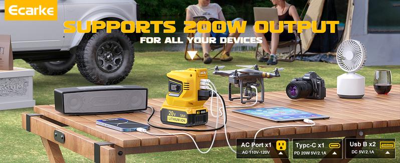 200W Power Inverter Compatible with Dewalt 20V Battery,  Power Station with a 5AH Battery & a Charging Station, DC 20V to AC 110V-120V, with 2 USB-A & 1 Type-C & 1 AC Outlet