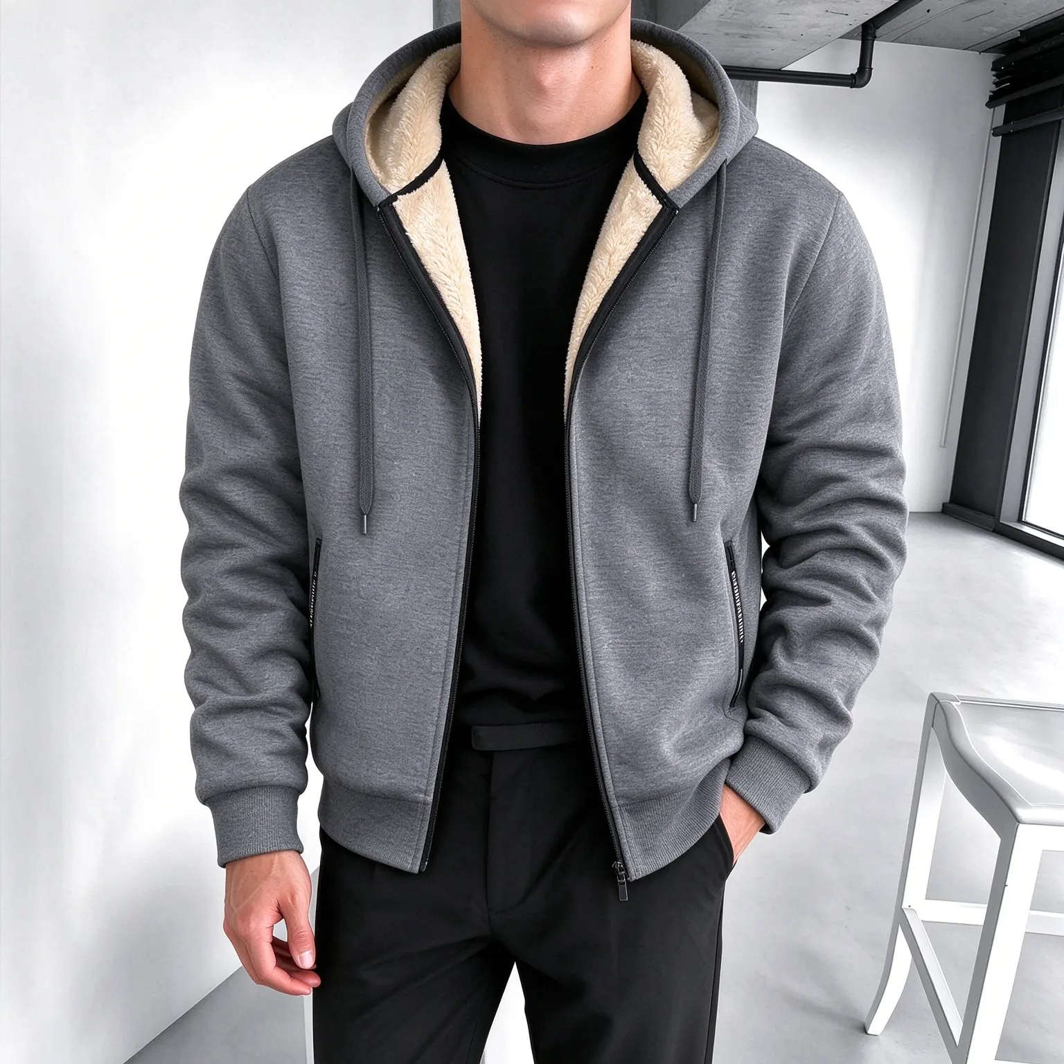 Upgrade your mensfashion winter outfit with fleece‑lined zip‑up hooded jacket, thick warm inner lining, drawstring hood design, side zipper pockets and relaxed fit for cold‑weather daily outdoor wearing.
