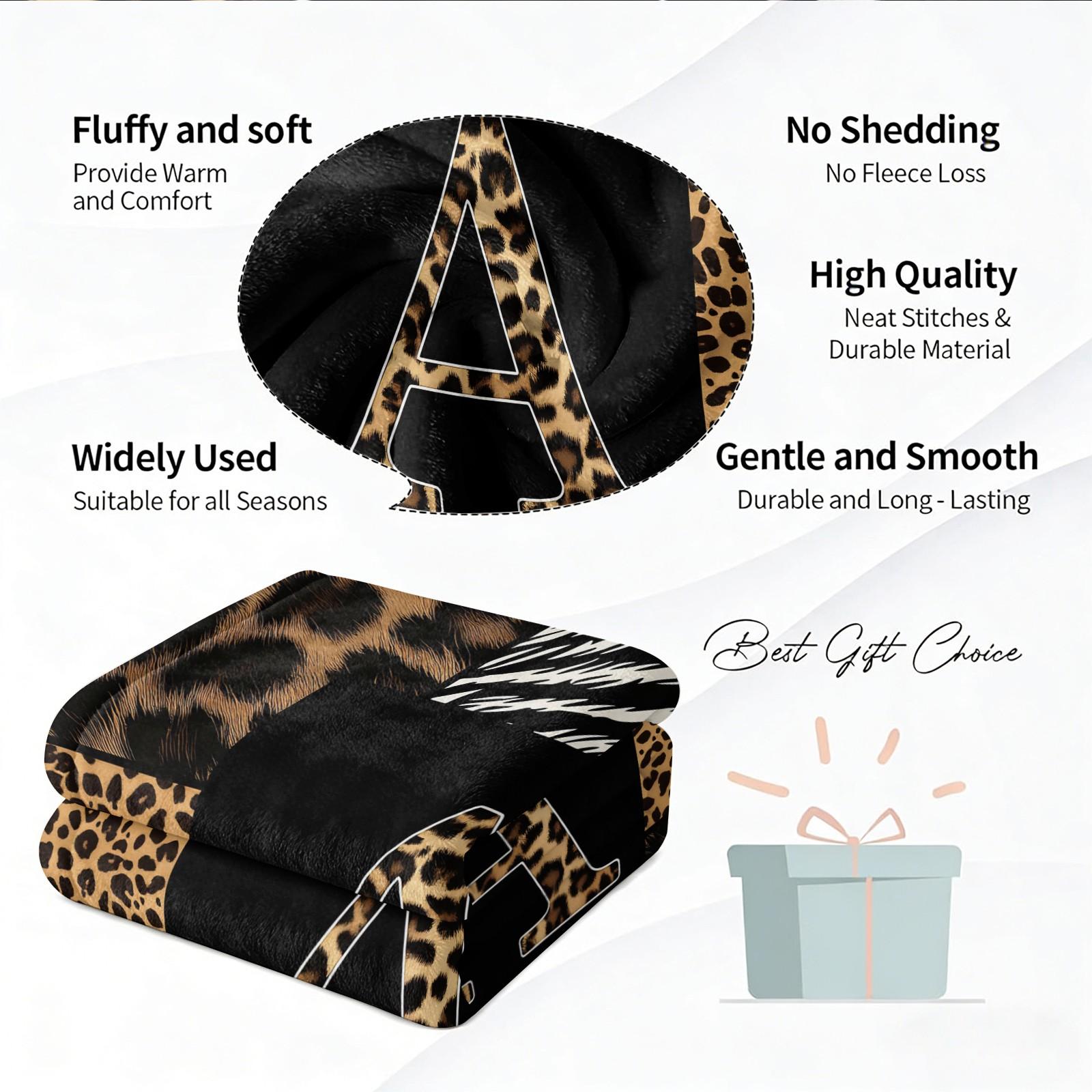 26 Letters Leopard Print Flannel Blanket, Soft & Comfortable, Warm & Breathable, Perfect for Couch Bed Recliner, Stylish Alphabet Printed Flannel Throw, Suitable for Bedroom Living Room Dorm, All-Season Cozy Gift Blanket