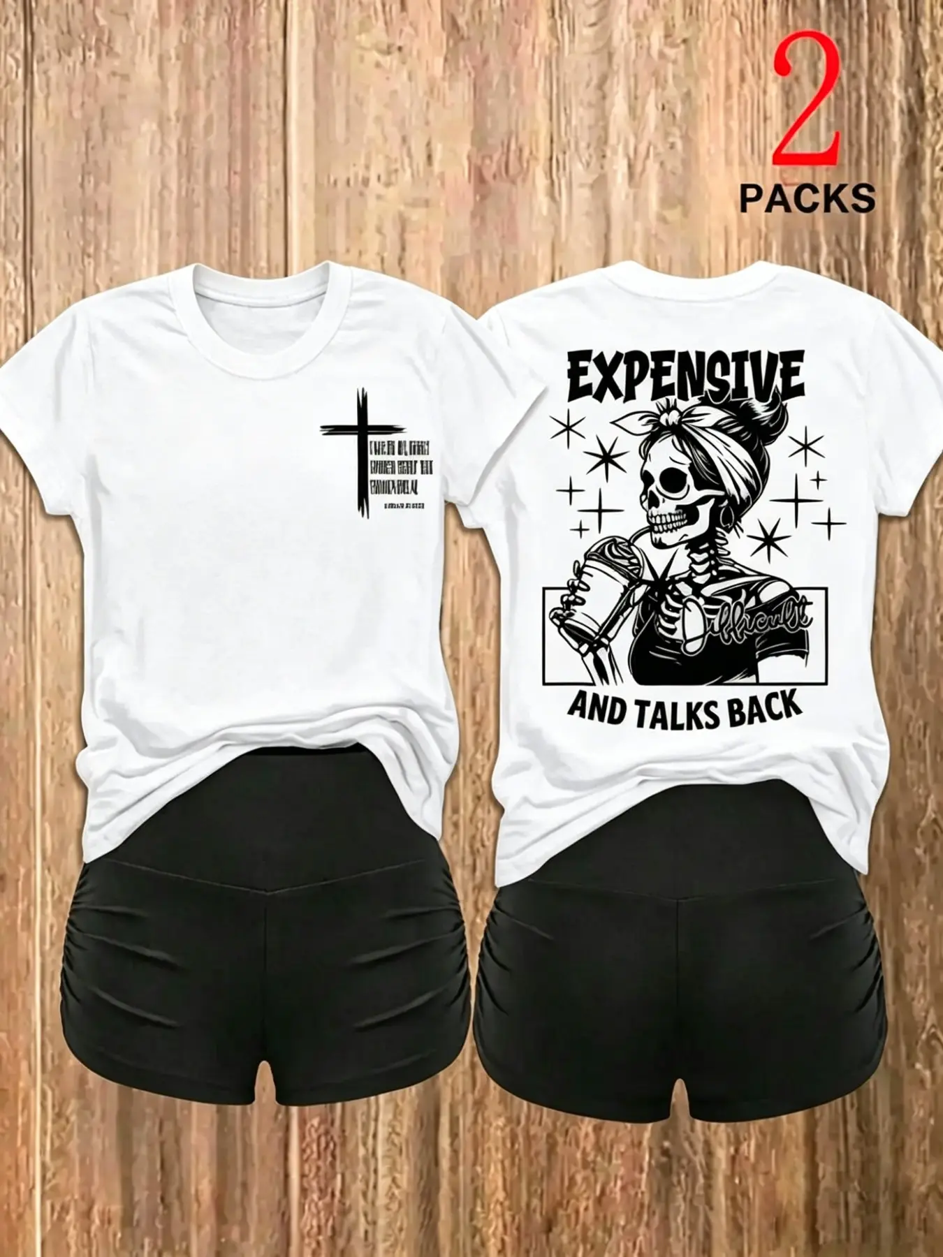 2 Packs Women Matching Outfits Graphic Tee Short Sleeve Crew Neck T‑Shirt Ruched High Waist Shorts Gothic Skeleton Cross Print Casual Loungewear Bts Outfits Style Sets For Daily Streetwear