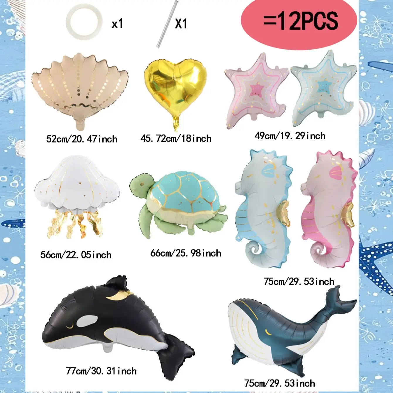 12-Piece Ocean Animal Aluminum Foil Balloons Set, Shell, Blue Whale, Jellyfish, Turtle, Seahorse, Orca, Heart Shape, Party Decorations