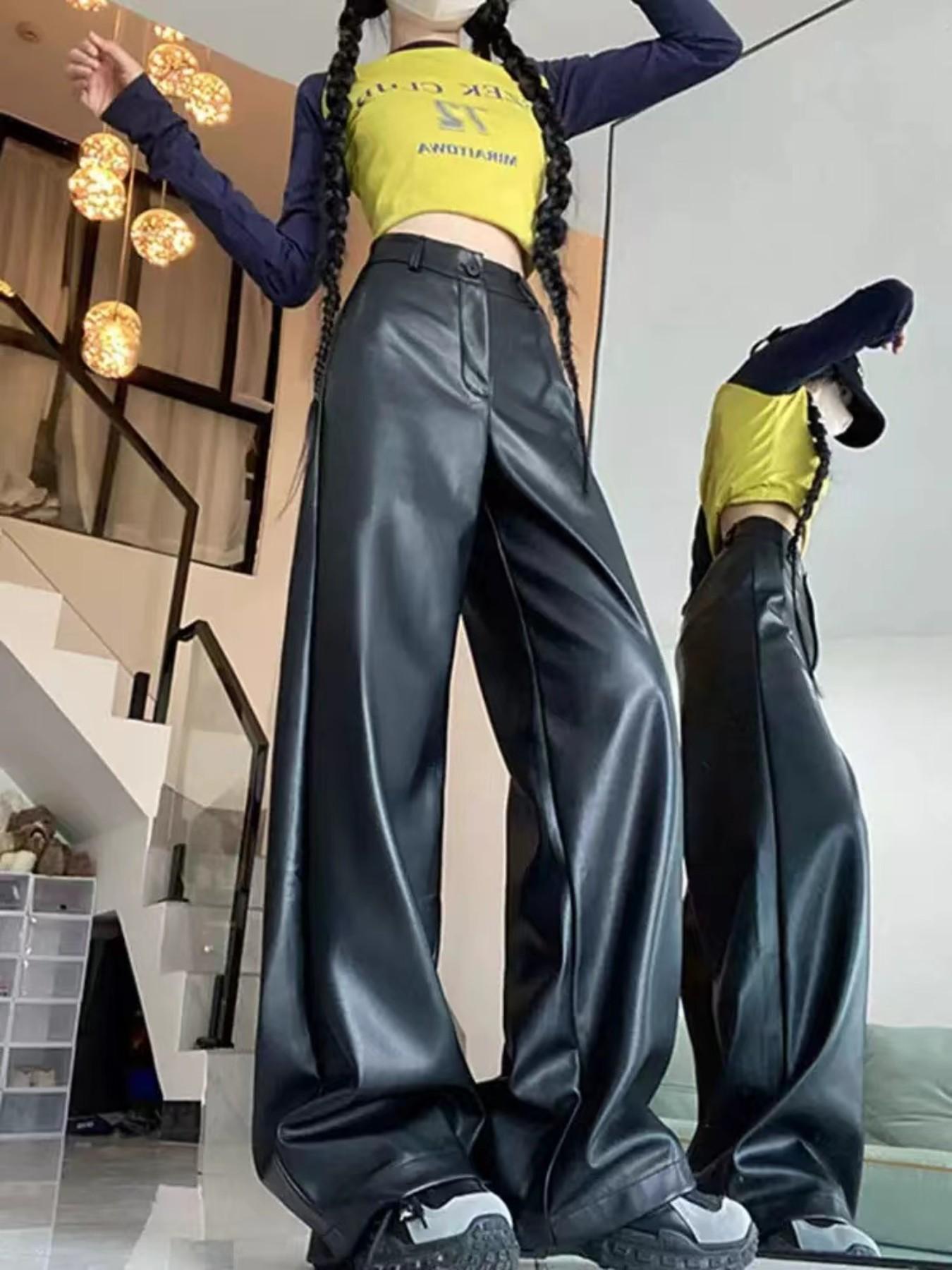 Trendy High-Waisted Wide-Leg Leather Pants, Slimming Straight-Cut Design, Streetwear Versatile Long Trouser, Fall & Winter Fashion