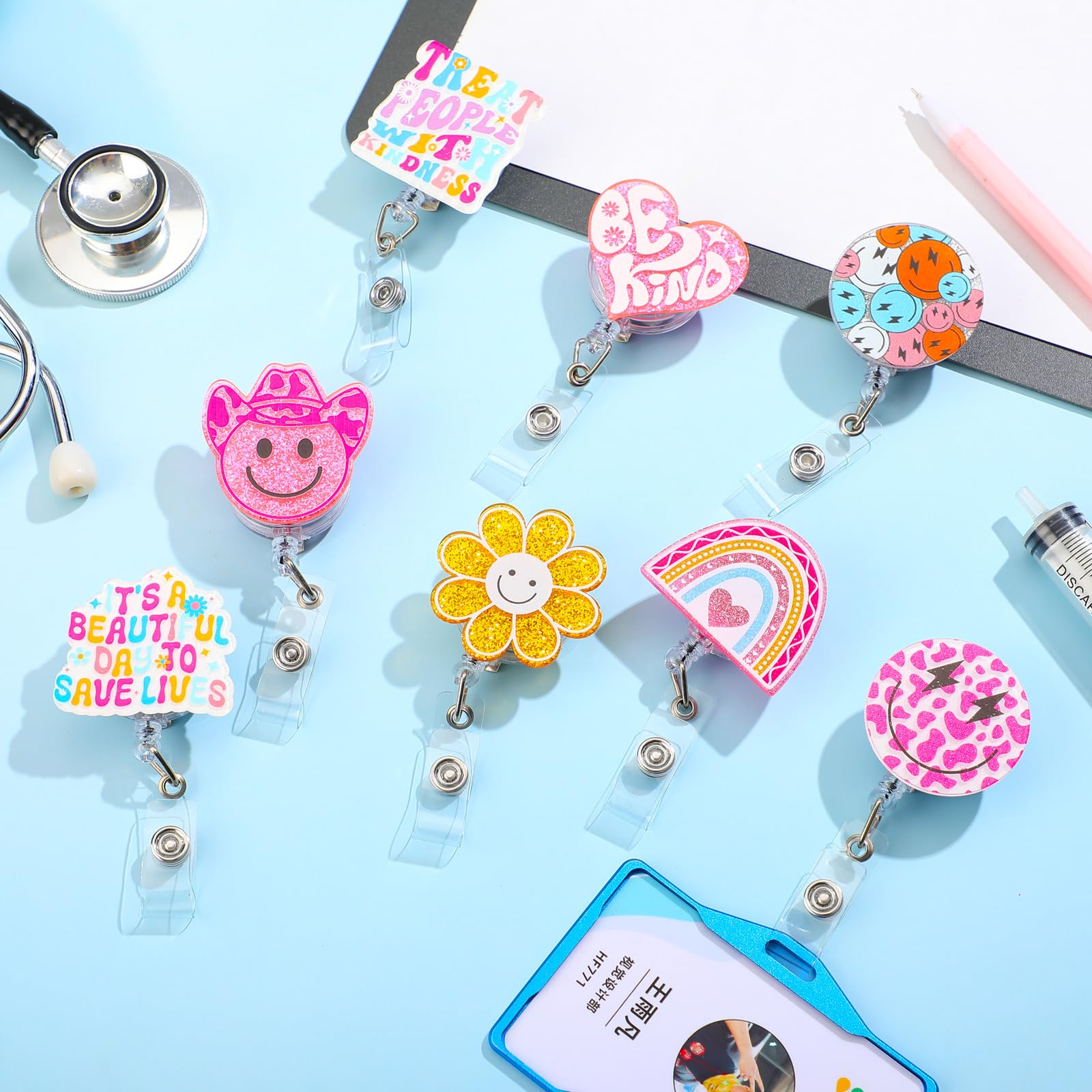 Nurses Week Gift 8pcs Nurse Badge Reel Pink Bow Badge Reel Retractable Badge Reel with Alligator Clip Accessories Cute Acrylic Clip with Motivational Quote Easter Gift for Nurse Medical Doctors Healthcare Worker Student Office School Teacher