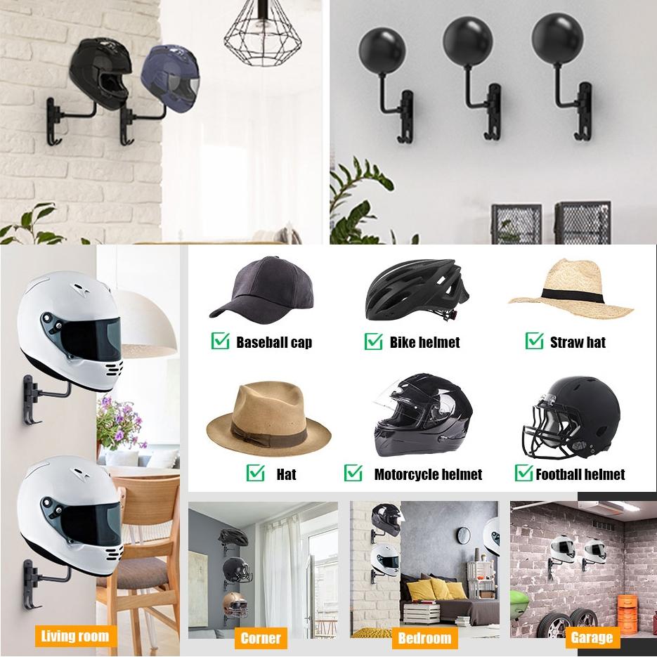 Helmet Stand with Hooks, Hat Rack, Hook Storage Rack, Wall-Mounted Motorcycle Helmet Display Holder, 180 Degree Key Ring Hook, Living Room Accessory