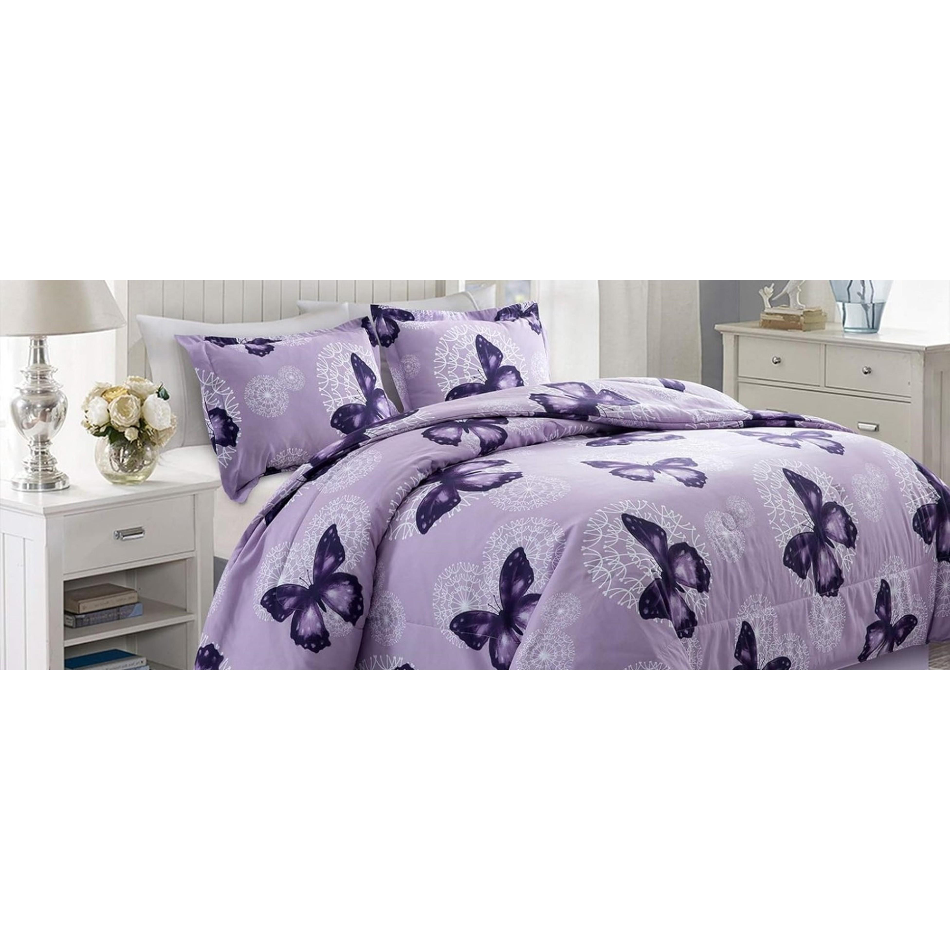 Bed in A Bag Full/Queen Size 8 Pieces, Purple Butterfly All Season Bedding Comforter Bed Set with Pillow Shams, Flat Sheet, Fitted Sheet, Bed Skirt, Pillowcases