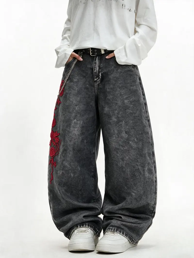 Men's Rose Embroidered Wide Leg Jeans, Vintage Washed Loose Fit Streetwear, Trendy Hip-Hop Long Pants, All Seasons Fashion