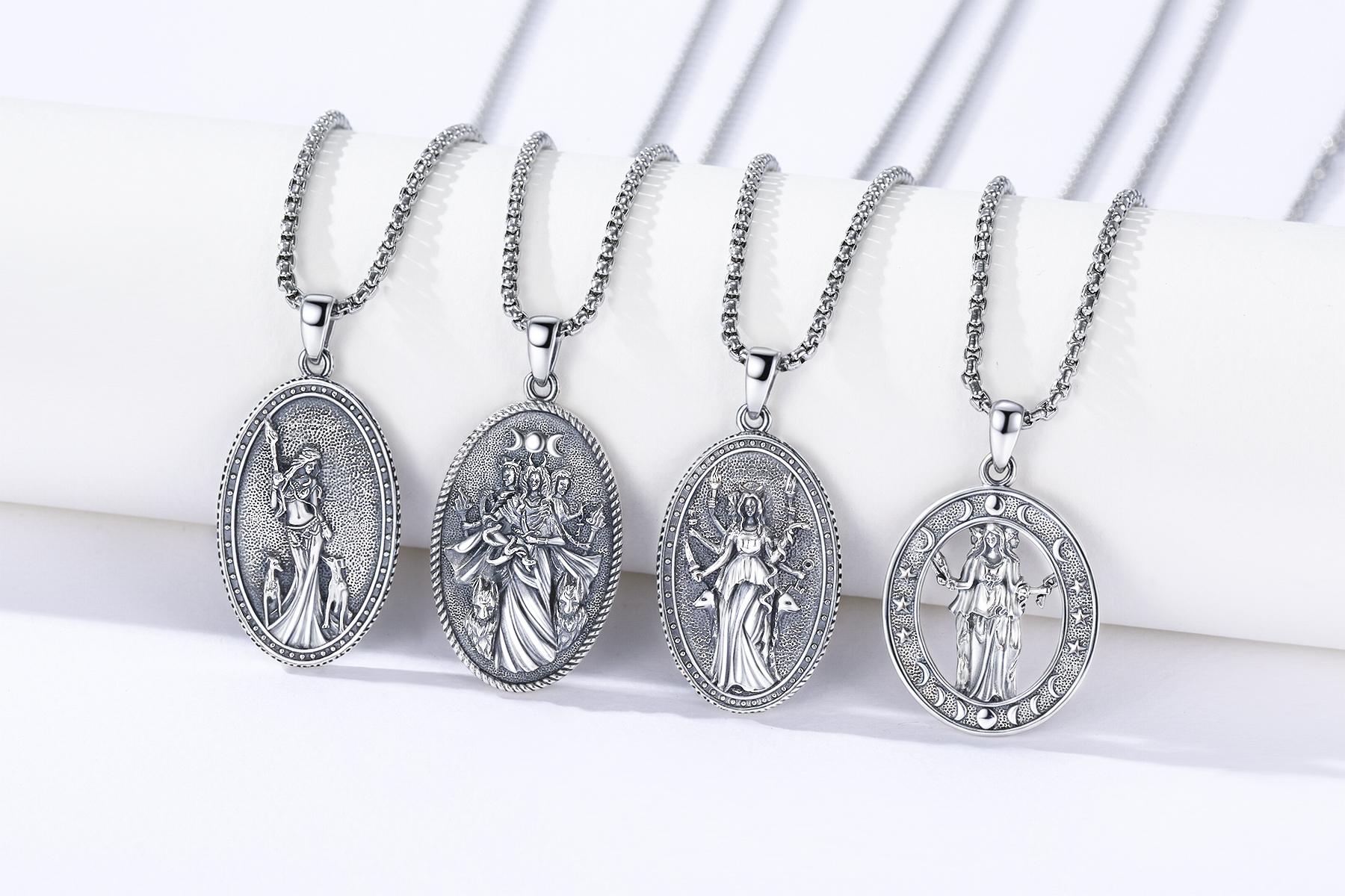 DRINSPER Hecate Necklace 925 Sterling Silver Goddess of Witches of Magic Hekate Pendant Necklace Ancient Greek Mythology Night of Hekate The Ancient Origins of the Goddess of Witchcraft and Moon Amulet Jewelry Pagan Jewelry for Women Men