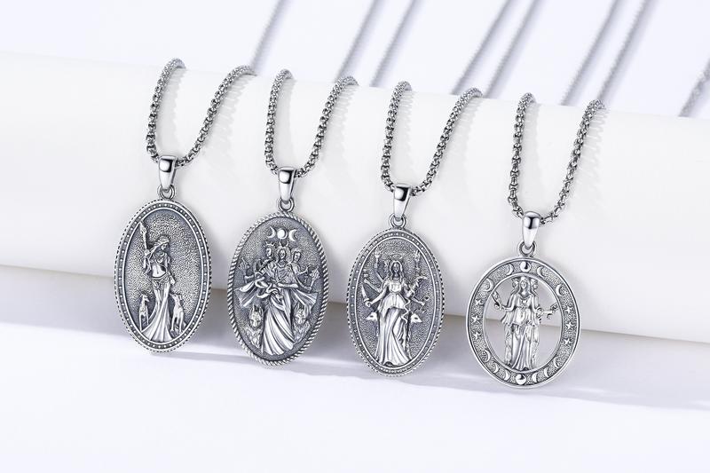 DRINSPER Hecate Necklace 925 Sterling Silver Goddess of Witches of Magic Hekate Pendant Necklace Ancient Greek Mythology Night of Hekate The Ancient Origins of the Goddess of Witchcraft and Moon Amulet Jewelry Pagan Jewelry for Women Men