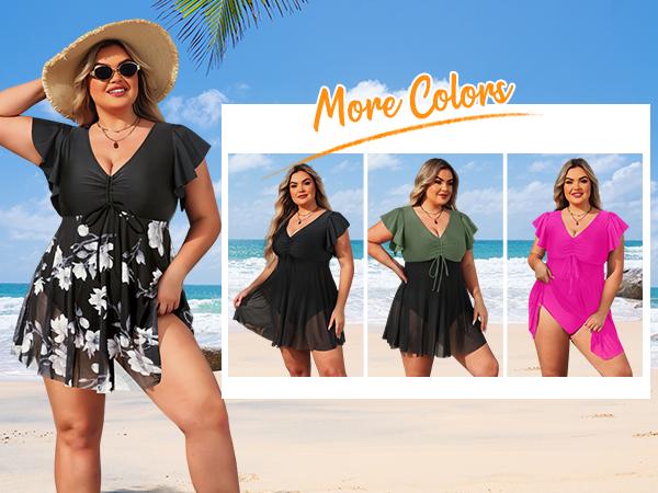 Yonique Plus Size One Piece Swimsuit for Women Tummy Control Swimdress Ruffle Sleeve Bathing Suit