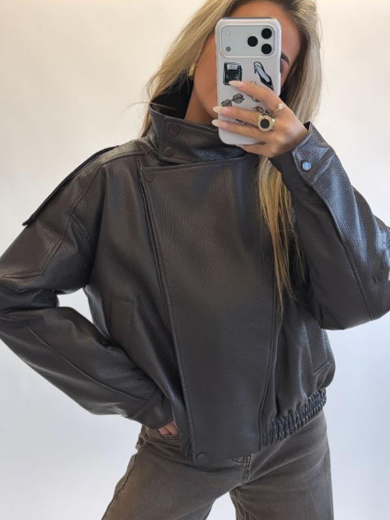 Women's Faux Leather Jacket New In Coats Demi-Season Black Brown Jacket Short Coat Spring Asymmetric Zip Motorcycle Jacket Streetwear Long Sleeve Red Aviator Jacket Womens Coat