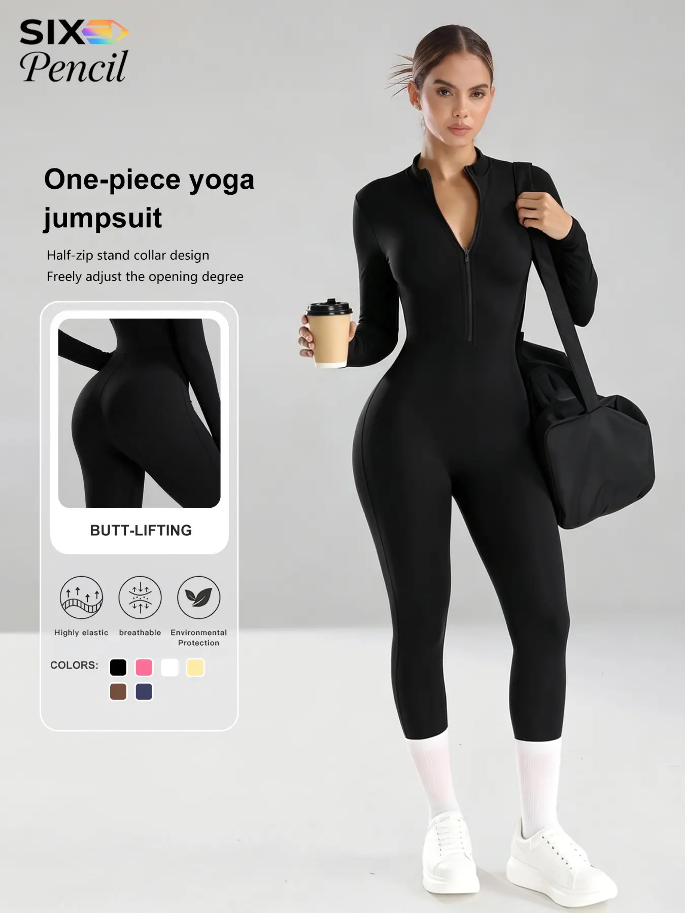 One-Piece Yoga Jumpsuit, Adjustable Neck Half-Zip Fitness Suit, Long Sleeve Pilates Jumpsuit, Butt Lifting, Soft Fabric, Streetwear, Sporty Jumpsuit