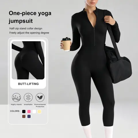 One-Piece Yoga Jumpsuit, Adjustable Neck Half-Zip Fitness Suit, Sports Jumpsuit, Long Sleeve Pilates Jumpsuit, Butt Lifting, Soft Fabric, Streetwear
