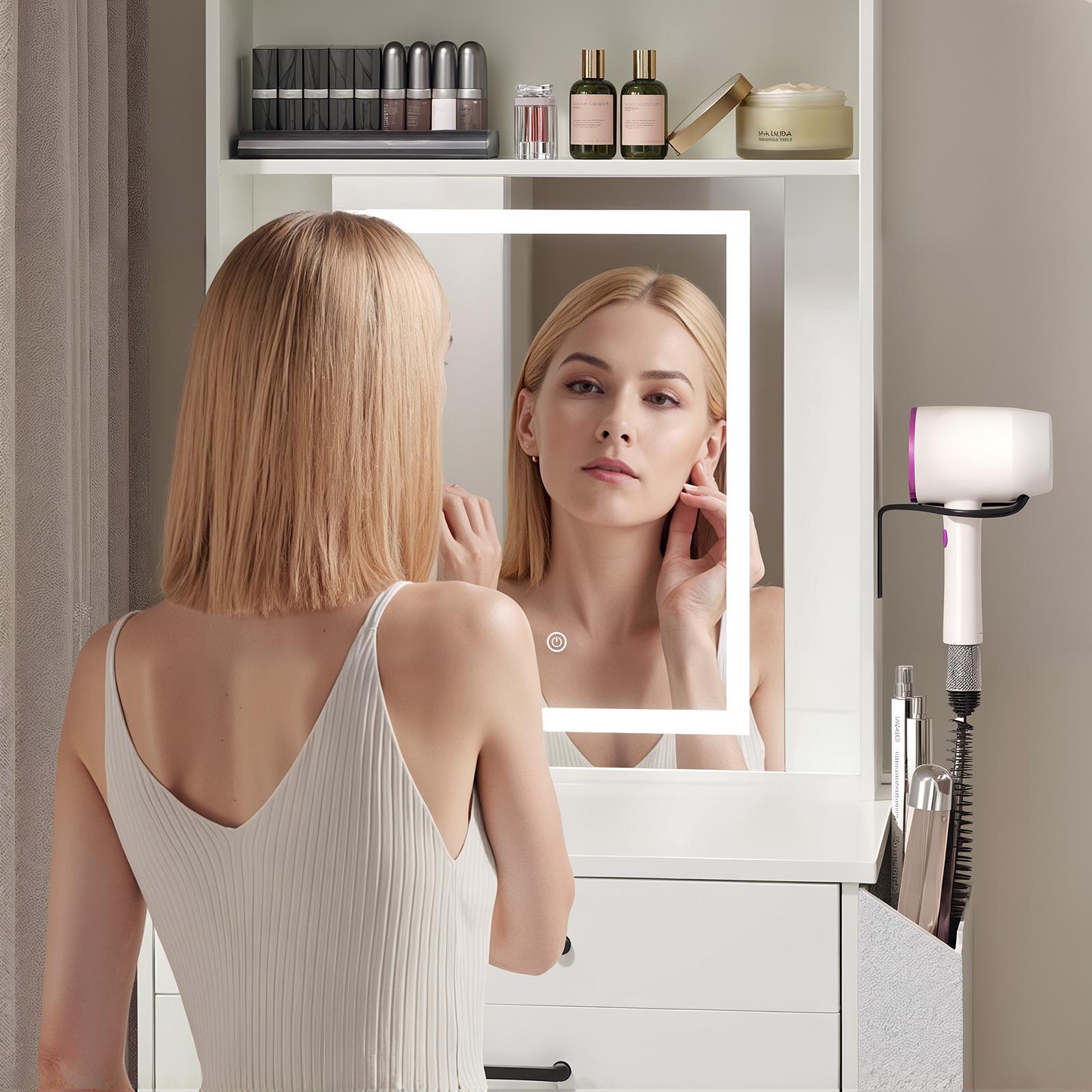 MAHANCRIS Vanity Desk Set with Adjustable Lighted Mirror, Storage Stool, Drawers, and Storage Side Bag, for Bedroom, Small Space, White MAHANCRIS Vanity Desk Set with Adjustable Lighted Mirror, Storage Stool, Drawers, and Storage Side Bag, for Bedroom, Small Space, White