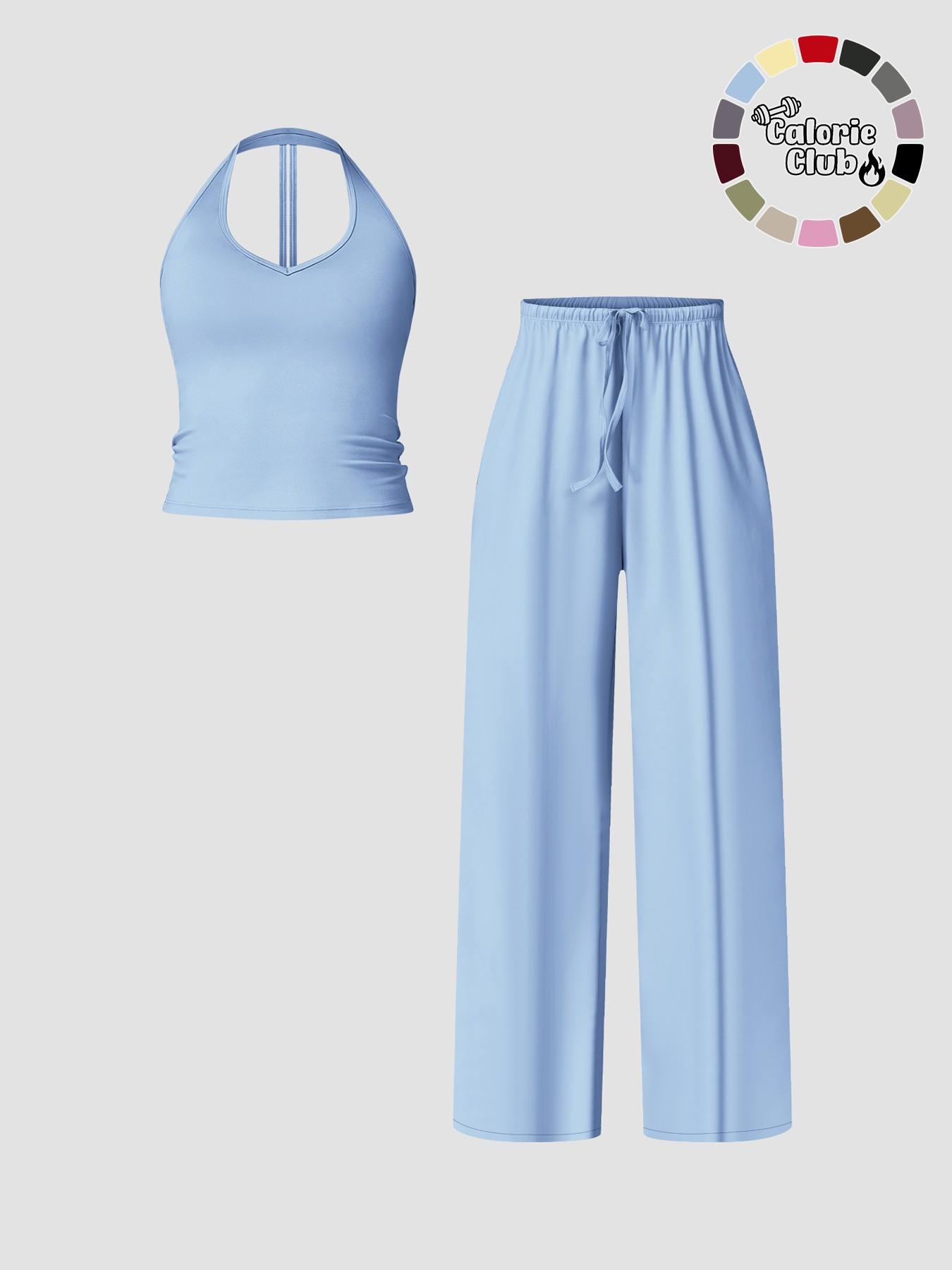Women's Quick-Dry Sports Tank Top, Casual High-Waisted Bell Bottoms, Comfortable Sporty, All-Season Plain Style, Casual Sportswear Set, Casual Sportswear Outfit