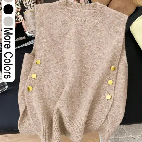Solid Color Round Neck Casual Side Metal Button Split Top, Fashion Sleeveless Knit Vest Tank, Slim-Fitting Cropped Vest for Spring & Fall