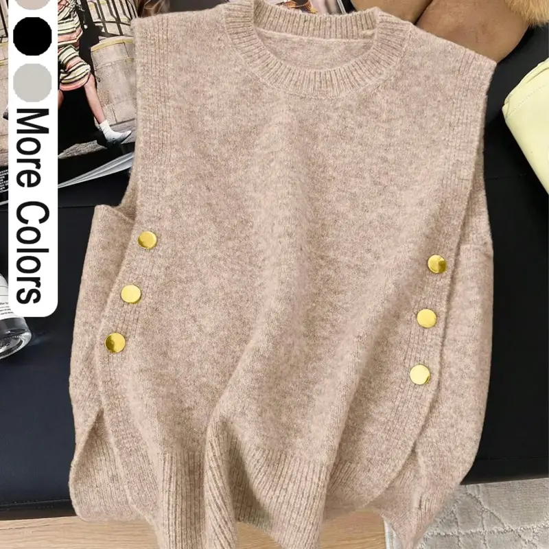 Solid Color Round Neck Casual Side Metal Button Split Top, Fashion Sleeveless Knit Vest Tank, Slim-Fitting Cropped Vest for Spring & Fall