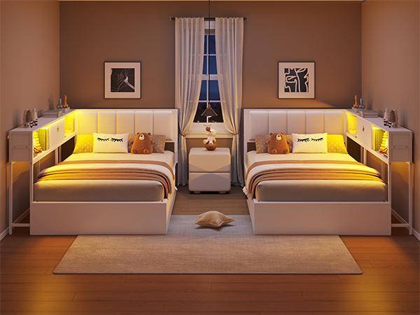 Hasuit Corner Twin Lift Up Storage Bed Frame with Charging Station & LED Lights, Twin Day Bed with Upholstered Headboard and Bookcase, Corner Beds with Hydraulic for Kids Teens Guests