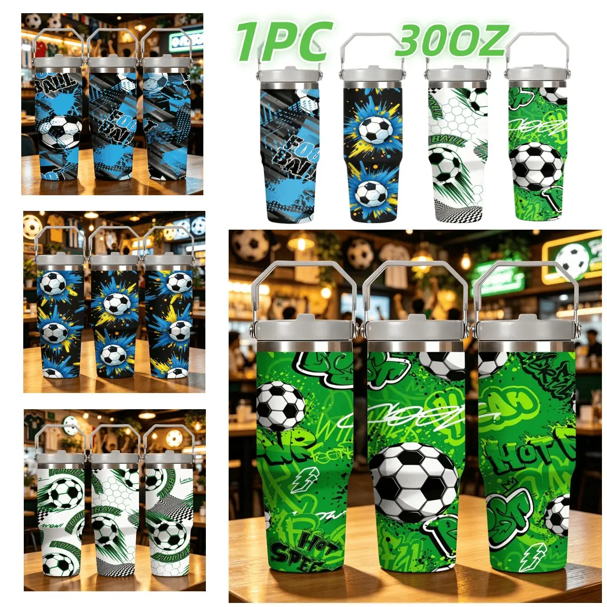 1PC 30oz Soccer Themed Stainless Steel Vacuum Insulated Tumbler with Lid & Straw, Leakproof Cold Cup for Sports, Coffee, Juice, Home & Camping Use, Multiple Colors Optional