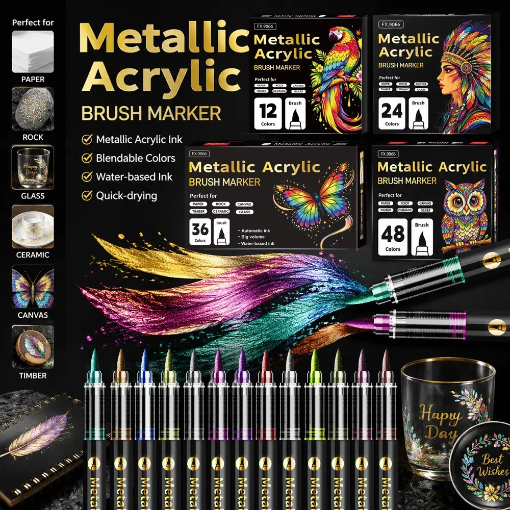 Soft Tip Metal Texture Paintbrush Set, 12/24/36/48 Colors, Large Ink Reservoir, Ideal for Rock, Wood, Canvas, Glass, Ceramic, Gift Choice, Professional Art Use