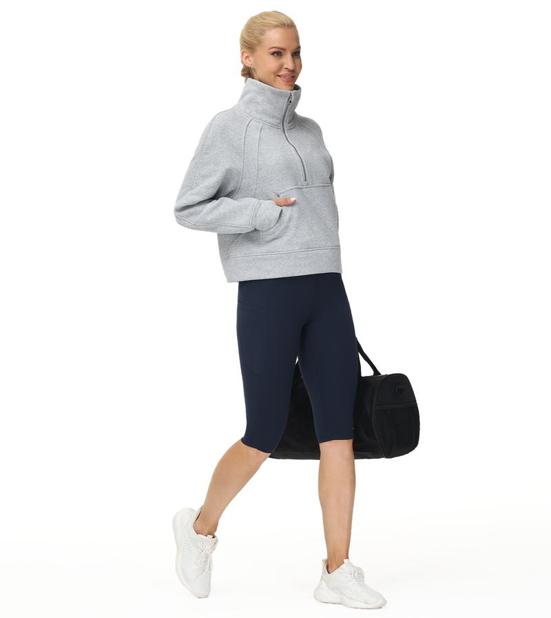 THE GYM PEOPLE Womens' Half Zip Pullover Fleece Crop Sweatshirt Active Wear Kangaroo Pocket Thumb Holes Casual Workout Tops Long Sleeve Athletic Top
