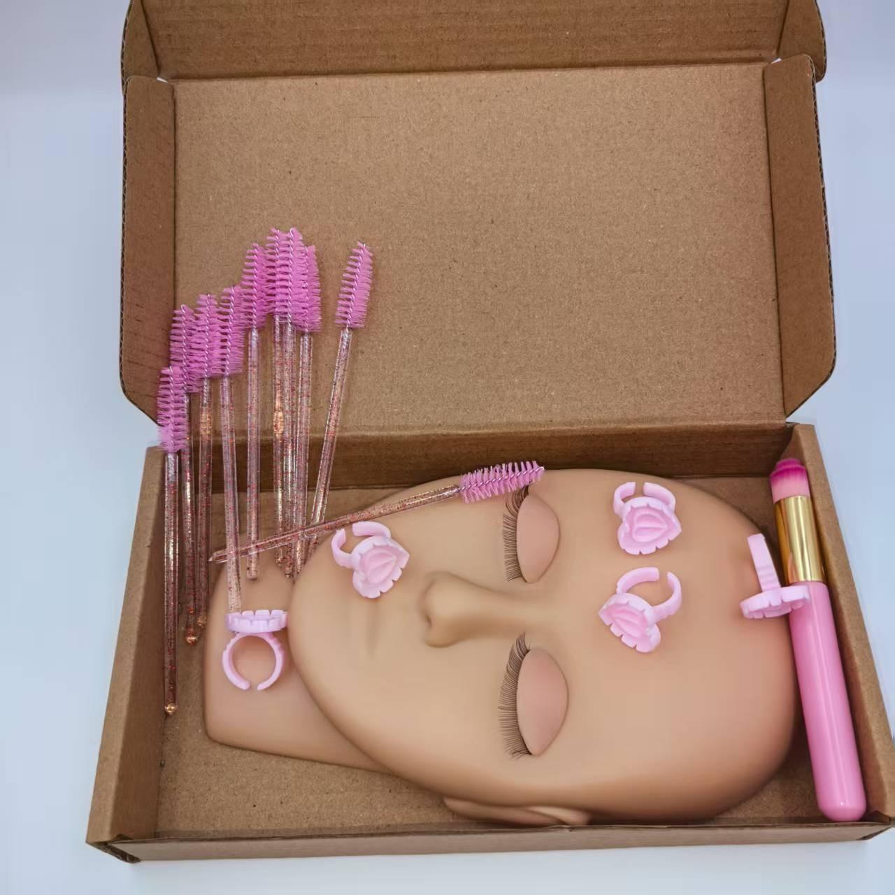 Portable False Eyelash Practice Head Model Kit, Detachable Eye Module, Small Portable Lashes Practice Model, 10 Brushes, 5 Glue Rings, Cleaning Brush