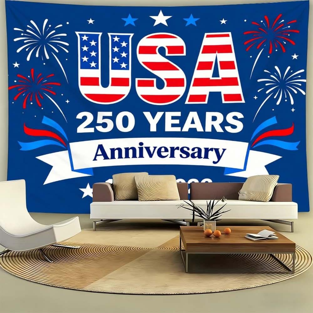 1PC USA 250 Years Anniversary Tapestry Wall Decoration Fabric for Independence Day Celebration Living Room and Bedroom Atmosphere Enhancement Fireworks Pattern for Daily Gatherings and Festive Home Decor