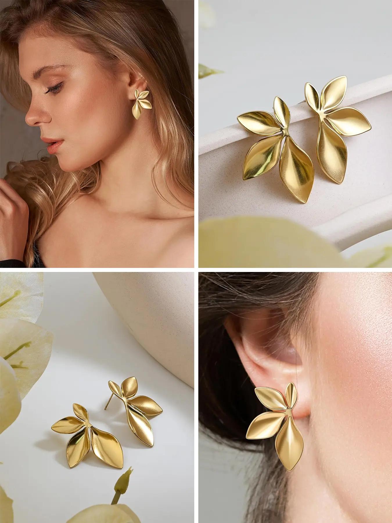 6 Pairs Chunky Statement Earrings Set for Women, Gold Plated Sectored Flower Leaf Shell Design, Hypoallergenic & Stylish Jewelry