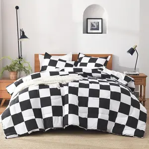 Checkered Comforter Full(79x90Inch), Black White Plaid Gingham Bed Set for Teen Boys Kids, Lightweight Polyester Geometric Preppy Bedding, 3 Pieces