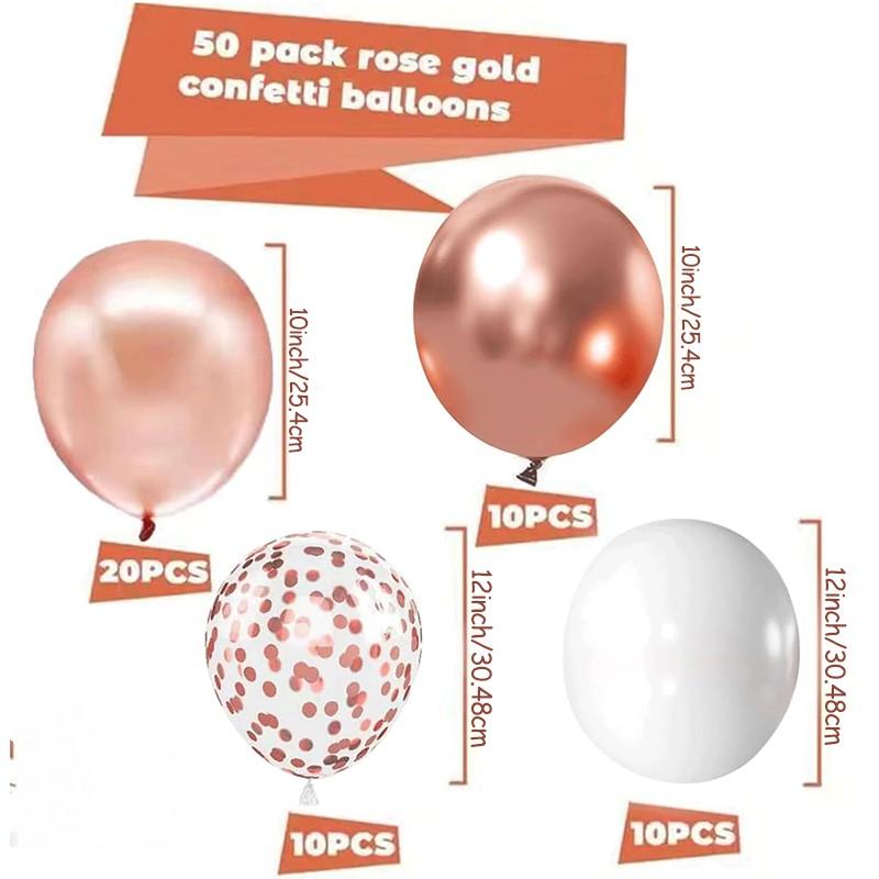 Rose gold colored paper balloons, 50 12 inch metallic rose gold and white latex balloons, paired with plain ribbons, suitable for bridal gatherings, sweet birthday parties, birthday celebrations, and wedding anniversary decorations