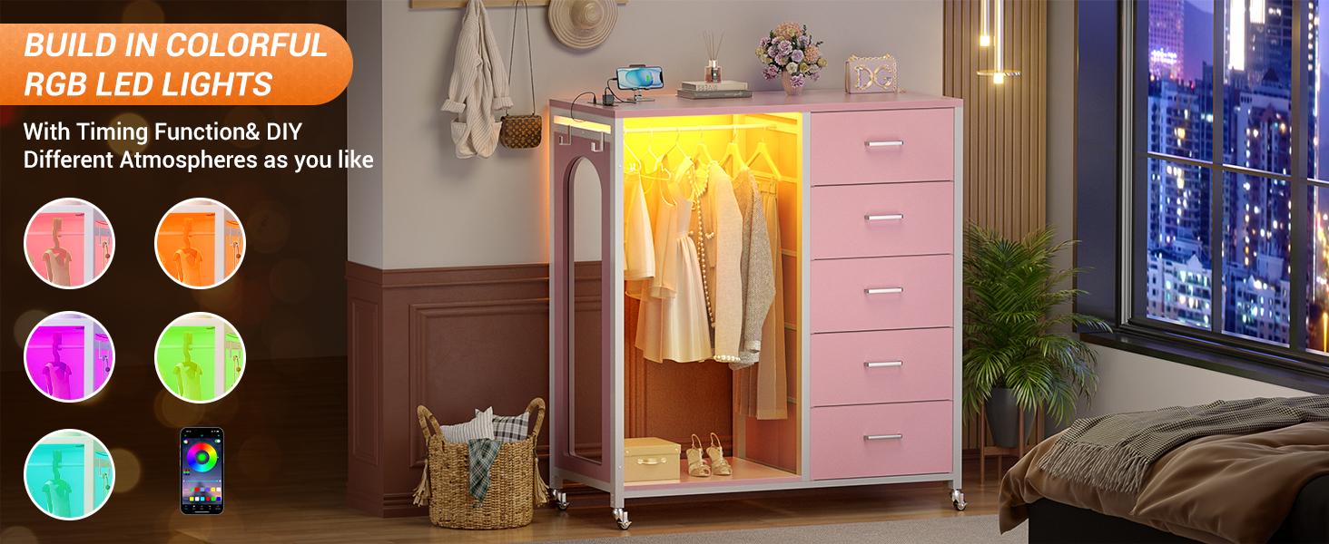 Cyclysio 45'' Dresser with Clothes Rack & Mirror, 5 Fabric Drawers Dresser with Charging Station & LED Lights, Rolling Chest of Drawers with Wheels