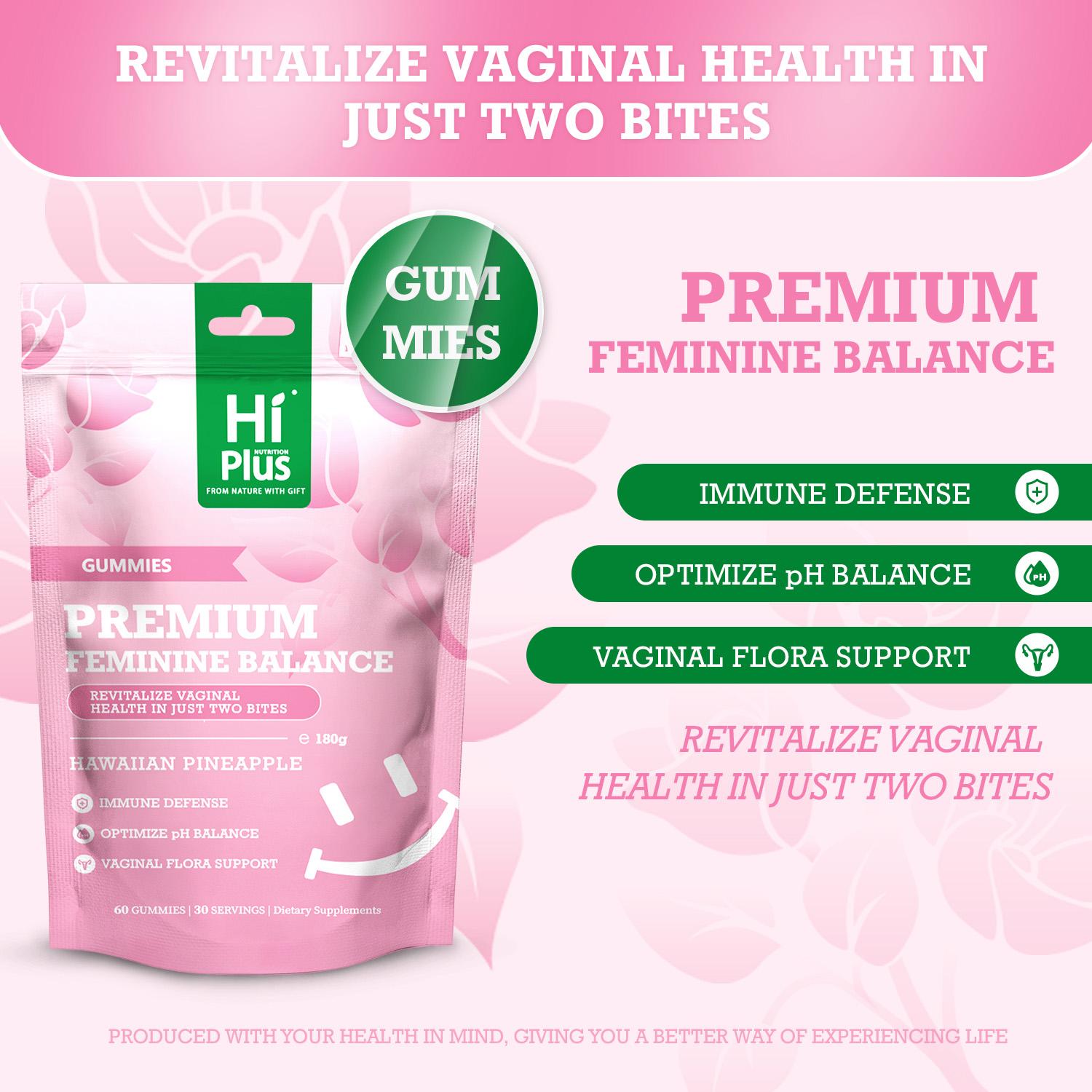 HiPlus Premium Edible Daily Natural Chewable Feminine Balance Supplement Gummies for Women’s Health & Wellness, Immune Support, Vegan, Gluten-Free, Hawaiian Pineapple Flavor, 60 Gummies (30 Servings)