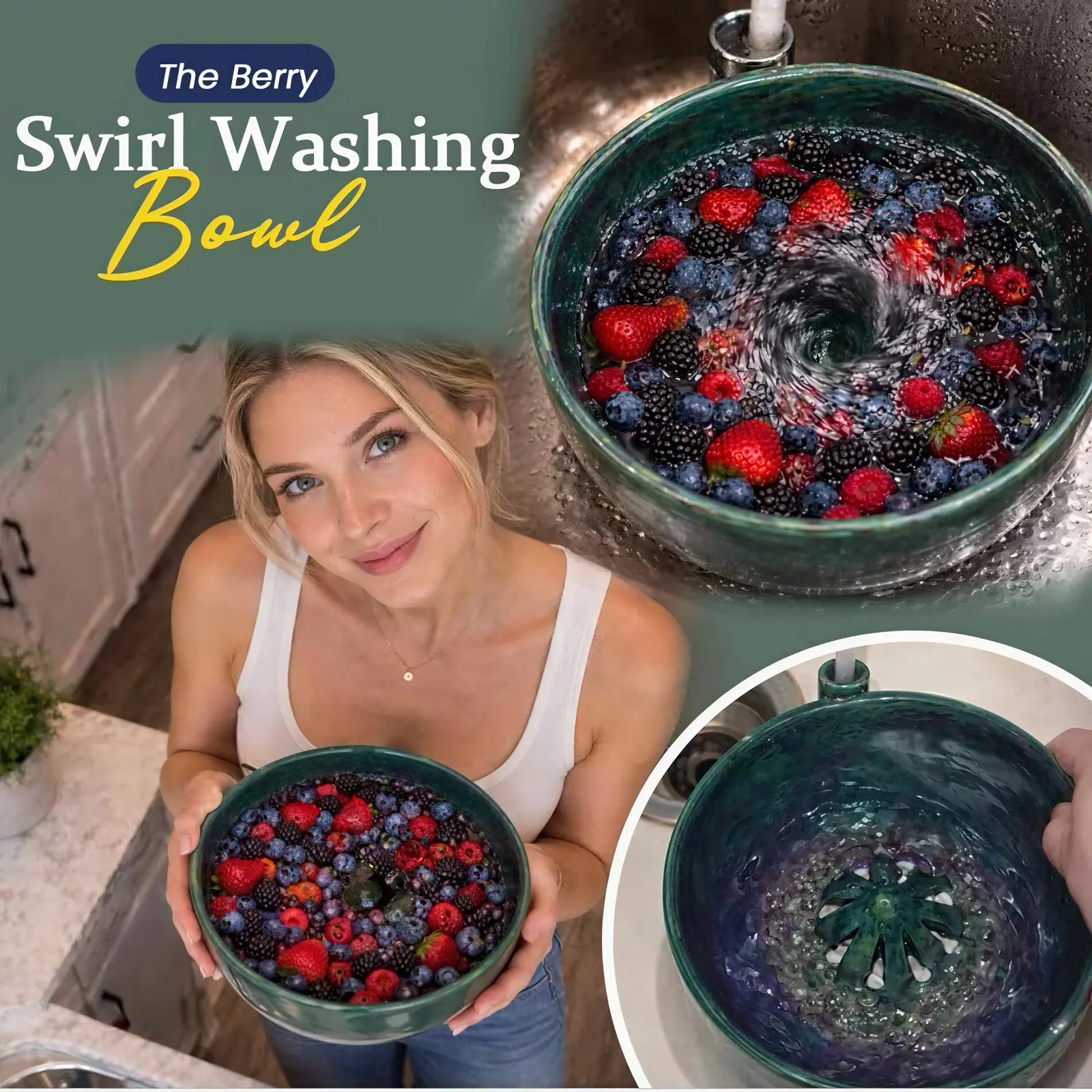 Self Rinsing Berry Washing Ceramic Bowl,Stoneware Fruit Rinse Bowl with Drain Holes and Strainer,Handmade Berry Washer for Strawberry,Blueberry,Grape,Kitchen Counter Storage