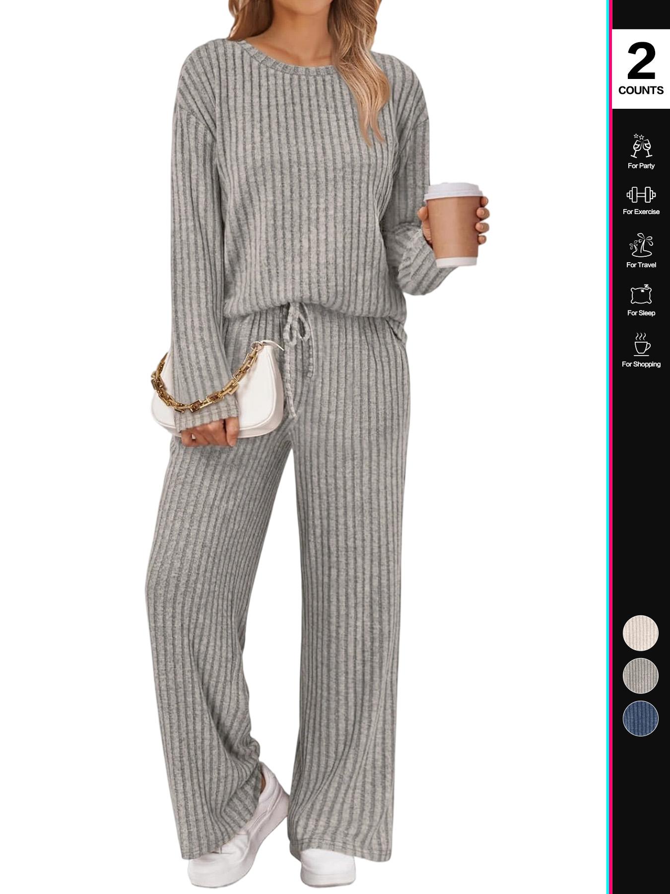 Womens Lounge Sets 2 Piece Matching Pajamas Loungewear Fall Fashion 2025 Ribbed Knit Outfits Long Sleeve Casual Sweatsuits